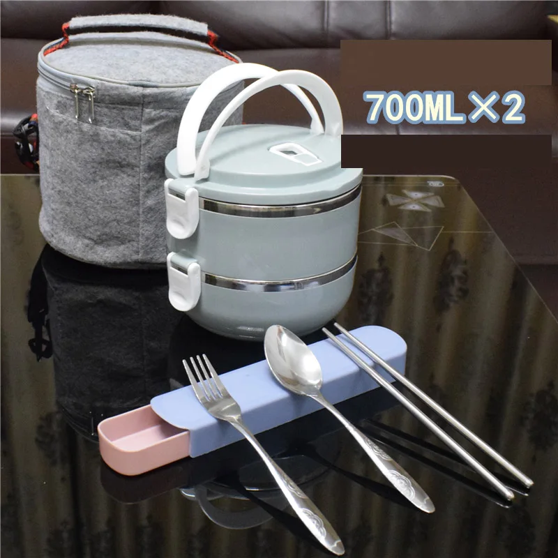 Blue 2 Layer-Bag Японский стиль Ланчбокс термо нержавеющая сталь пластик круглый взрослых леди детское питание контейнер Многофункциональная портативная коробка для бенто набор - Color: Blue 2 Layer-Bag