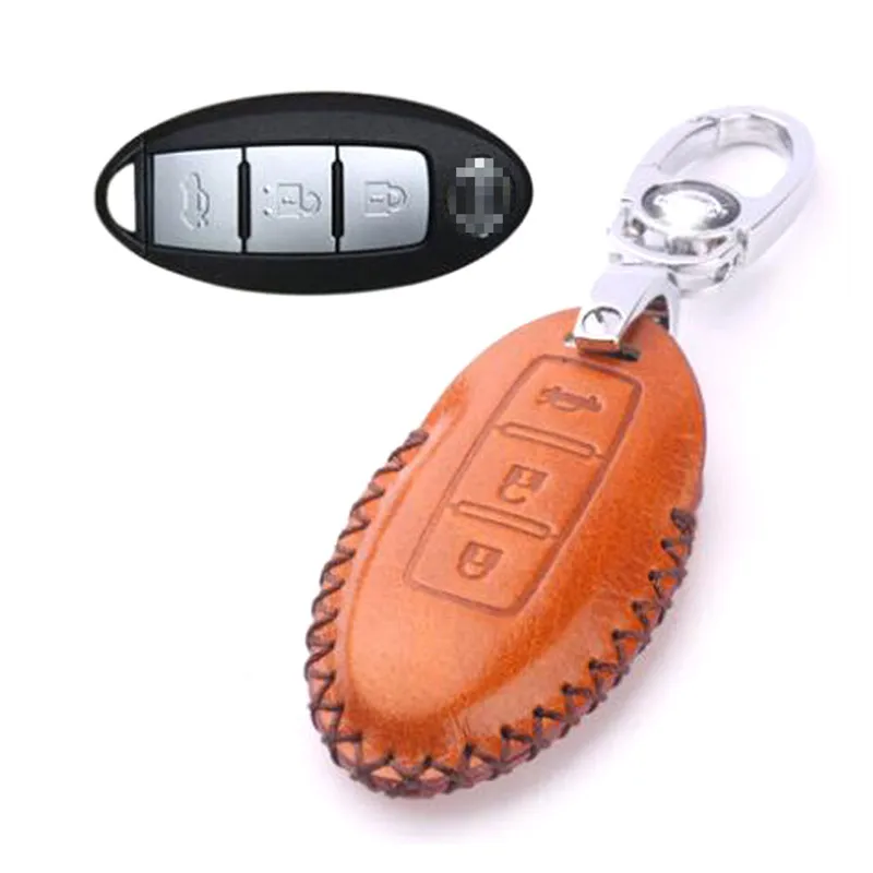 

Genuine PU Leather 3 Button Remote Key Bag Case Fob Holder Chain For Nissan Series F