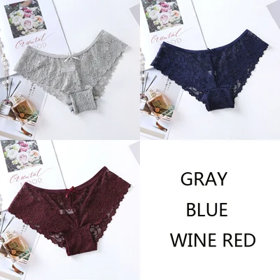 gray blue winered JERRINUT 3 шт. кружевные прозрачные трусики женские сексуальные трусики брифы высокое качество хлопок низкая талия Бесшовные трусики нижнее белье для женщин - Цвет: gray blue winered