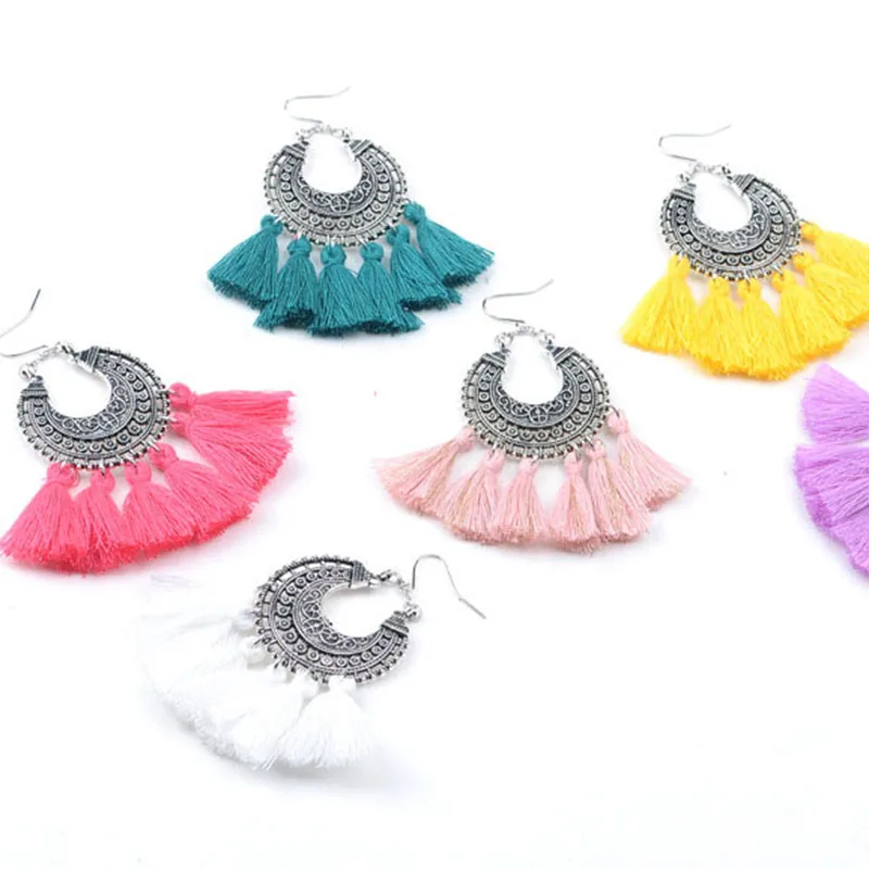 Крупные богемные Ретро полые белые серьги с кисточками зубчатые женские модные