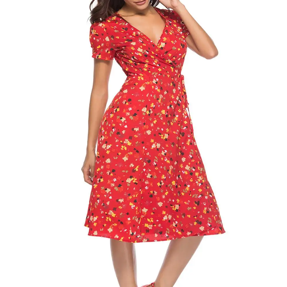 Yfashion Summer Fashion Floral Dress Women V Collar Slit Lacing Femme Elegant Midi | Женская одежда