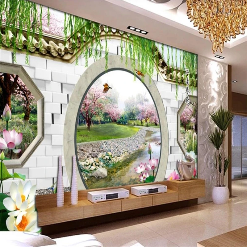 Декоративные обои "Фэнтези 3D весенняя персиковая ветвь круглой двери Цзяннань Чунсяо телевизионная фоновая картина".