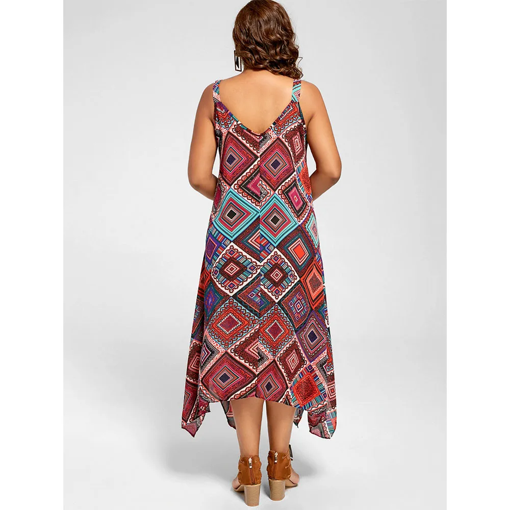 Летнее платье женщин плюс размер ретро Бохо пляжное Тонкий ремешок с