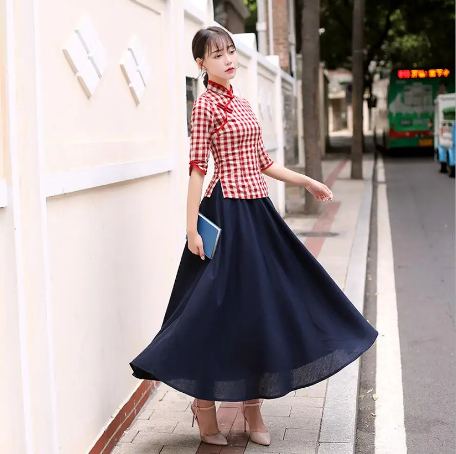 Женский костюм из хлопка в традиционном китайском стиле 2019 Qipao топ с юбкой