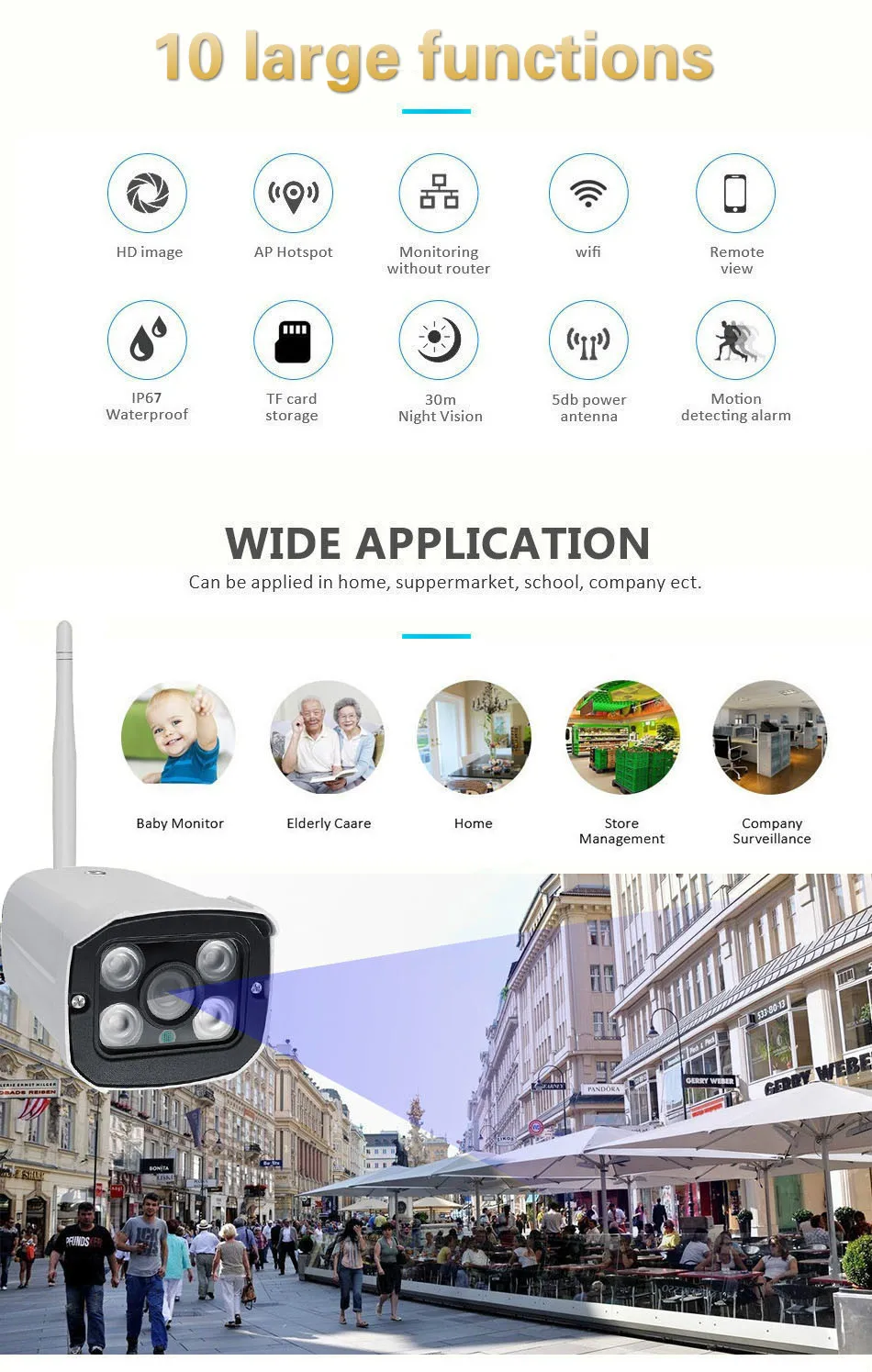1080P наружная Wi-Fi беспроводная камера безопасности, IP камера, Аудио ИК светодиодный датчик движения ночного видения, сигнализация, поддержка Макс 64 ГБ, sd-карта