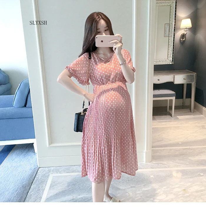 

SLYXSH Pregnant Women Midi Pleated Chiffon Dress Pink Polka Dots Summer Pregnancy Clothes Loose Plus Size Maternity Dresses