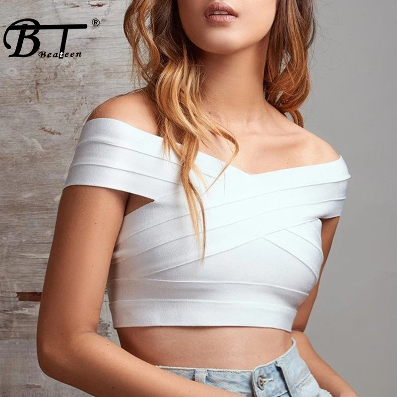 Женский короткий топ с открытыми плечами Beateen однотонные вечерние облегающие