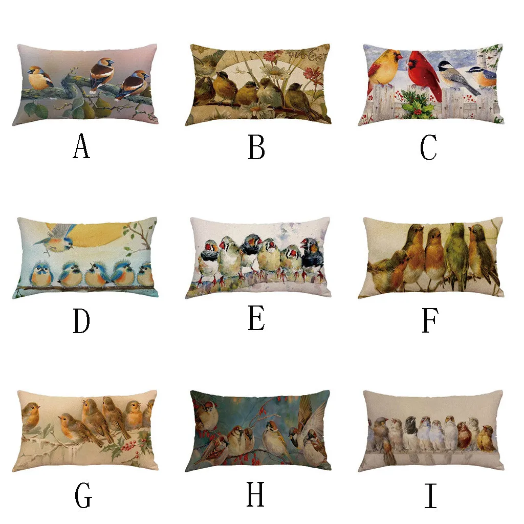 Милая льняная наволочка с геометрическим рисунком птицы для дивана 30х50см