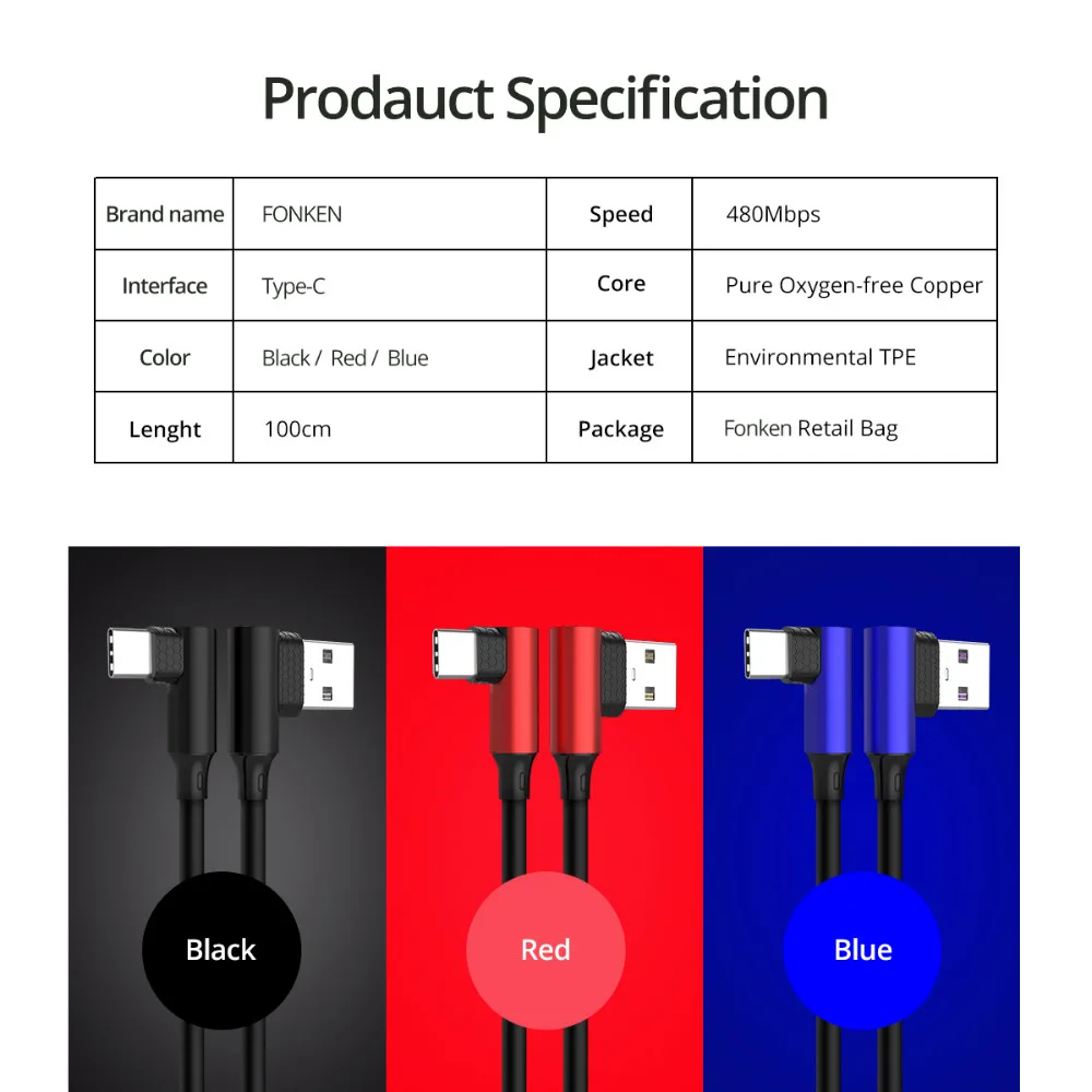 FONKEN usb type-C кабель 90 градусов для быстрой зарядки 2.4A передачи данных изогнутый