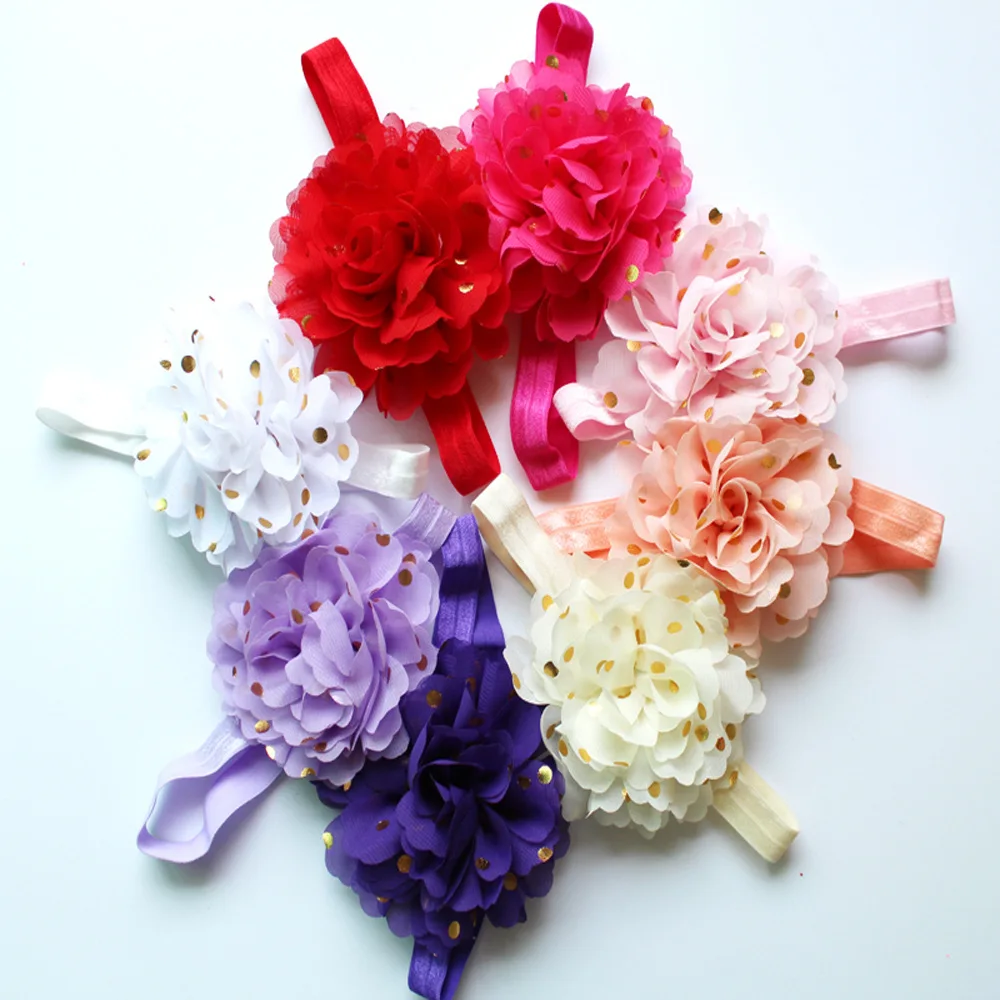 new arrival 4 inch Chiffon Flower Golden Dot With satin Headband Headwear 20 color girl hair accessory 24pcs/lot | Детская одежда и