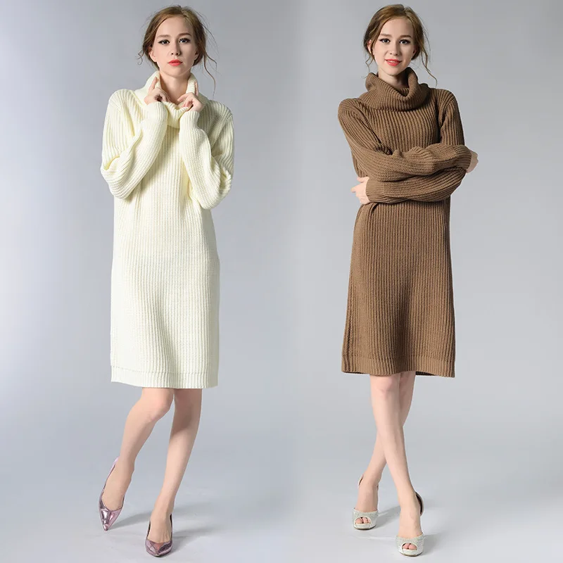 Women Long Sweater Dress Loose High Neck Retro Solid Knit Base Jumper Turtleneck Large Free Size Casual Wear Autumn Winter | Женская