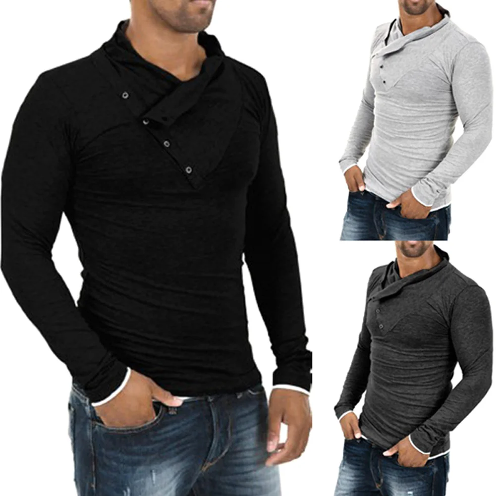 2020 Новая модная мужская футболка с косой пуговицей и воротником облегающая