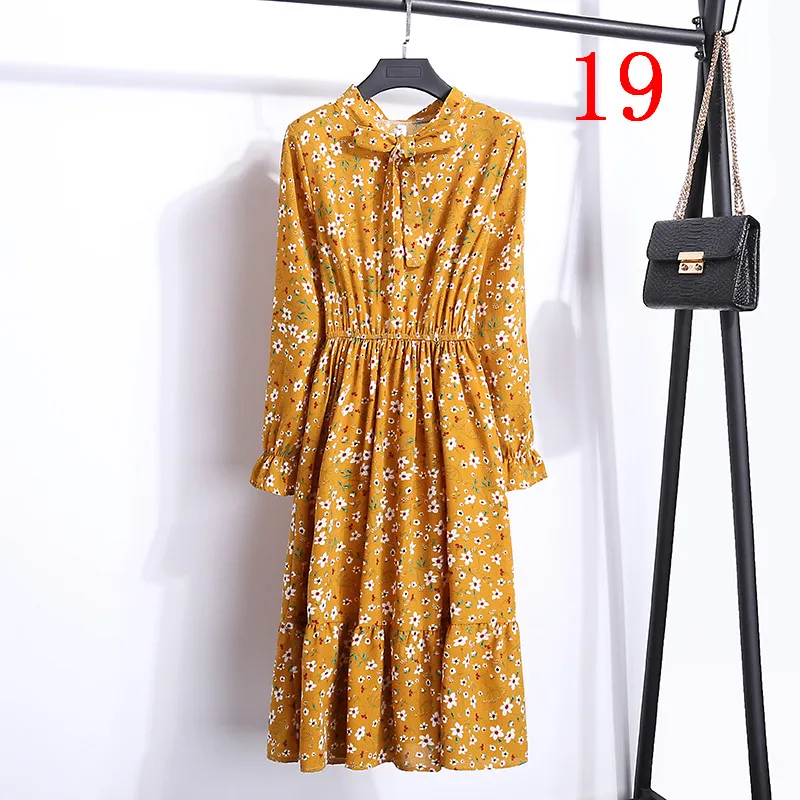 19 the flower LYJMTDBK весна и осень шифоновый эластичный пояс ретро платье слово женское с длинными рукавами платье с принтом, в клетку тонкое женское платье 24 цвета - Цвет: 19 the flower
