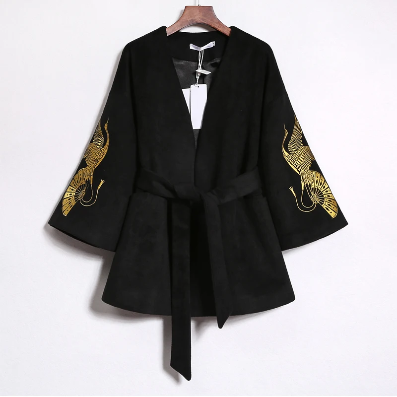 Black Wool Coat Women Crane Embroidery Long Sleeve Chinese Style Vintage Belted Cape Tweed Overcoat Q407 | Женская одежда
