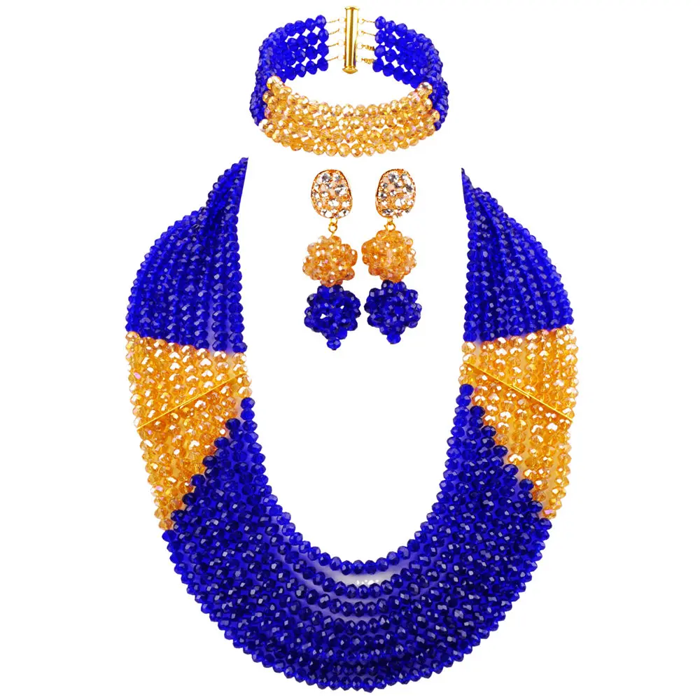 

Royal Blue Champagne Gold AB African Beads Jewelry Set Crystal Strand Necklace 8LBJZ11
