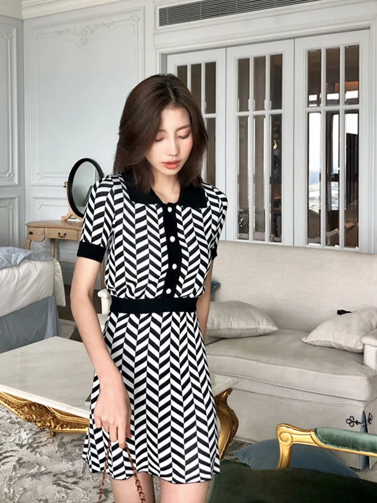 Новинка весна лето поло вязаные комплекты однобортный женский костюм с коротким