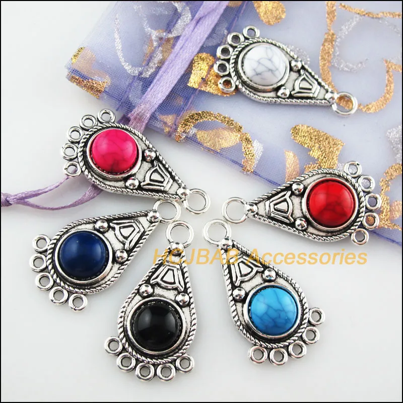 

12Pcs Tibetan Silver Teardrop Mixed Stone Charms Pendant Connectors 19x35mm