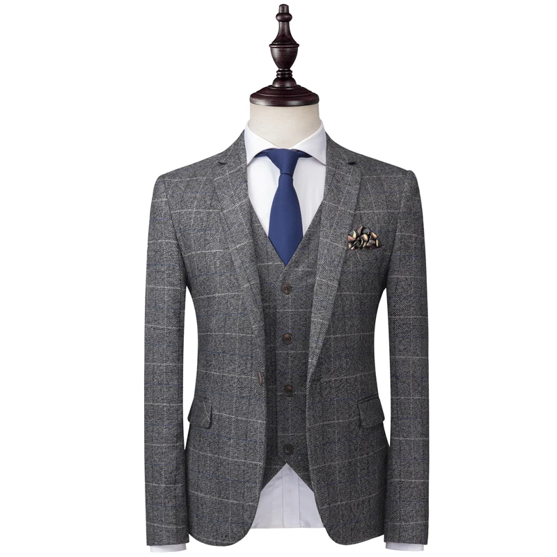 Plyesxale в Корейском стиле клетчатые костюмы для мужчин Slim Fit 3 предмета жениха
