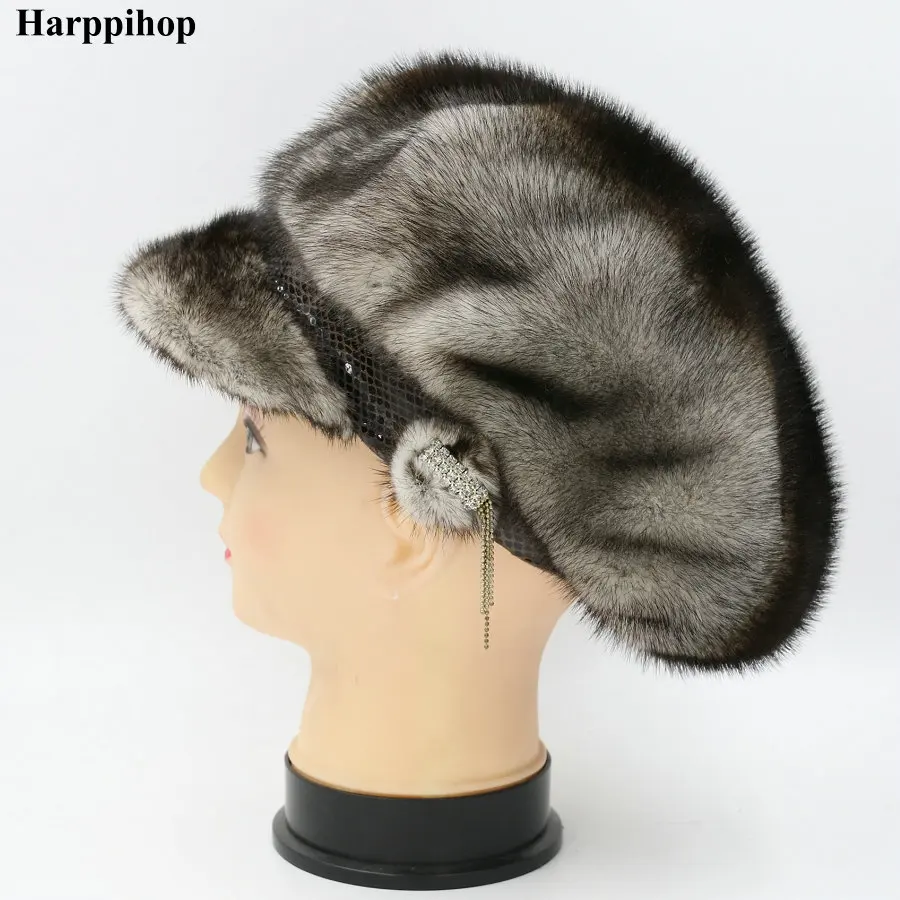 grey Натуральная норковая меховая шапка для женщин Зимняя импортная вся норковая шапка цветочный узор русский высококлассный роскошный Женская шапка - Цвет: grey