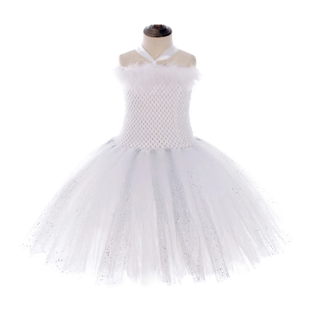 White Swan Lake Ballet Dress Fairy Girls Feather Glitter Sparkling Evening for Kids Angel Cosplay Party Tutu Vestido | Детская одежда и