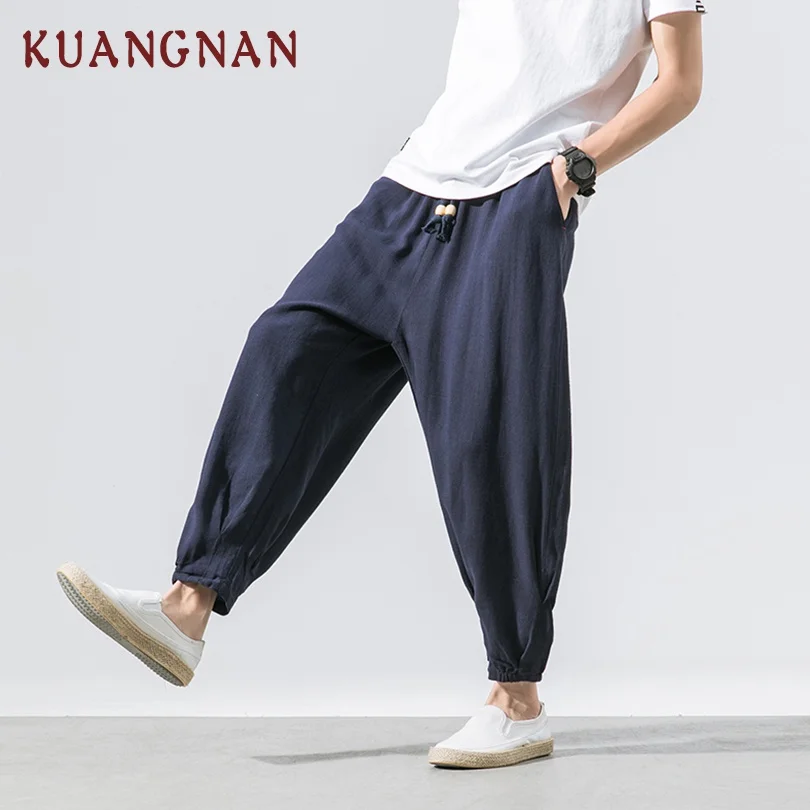 Blue KUANGNAN, китайский стиль, однотонные хлопковые льняные брюки, мужские брюки, хип-хоп штаны для бега, мужские спортивные штаны, уличная одежда, мужские штаны, новинка - Цвет: Blue