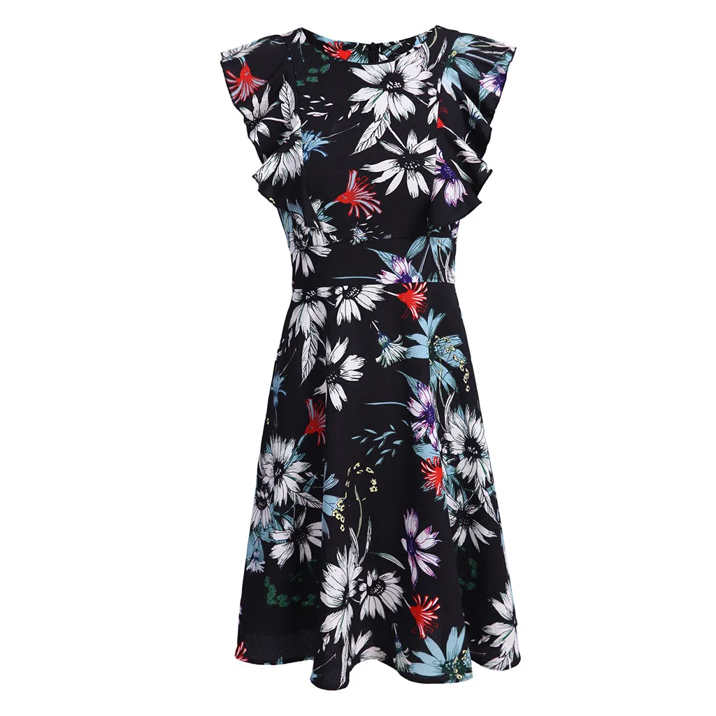 Для женщин Винтаж рюшами Floral Flared линии качели Повседневное платья шифон богемный