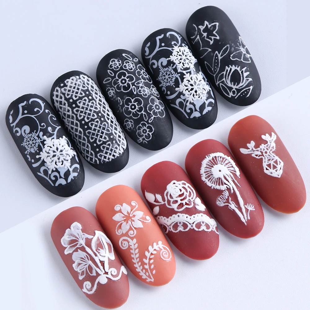 Полная красота 1 шт. наклейки для ногтей 3D тисненые белые цветы наклейки самоклеющиеся Выгравированные лист кружевная пленка для ногтей слайдер CHEA011-024