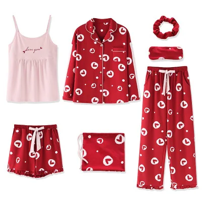 New Cardigan Pajamas Women's Seven-piece Spring and Autumn Long Sleeve Korean Sweet Thin Sling Summer Home Service Set | Женская