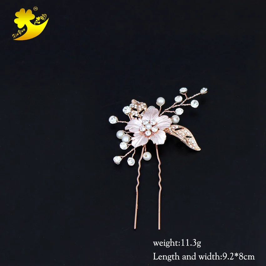 Xinyun New Romantic Hair Pins Accessories Golden Openwork Leaf Bridal Accessory Rhinestone Pearl U-Shaped Girl Hairpin | Украшения и