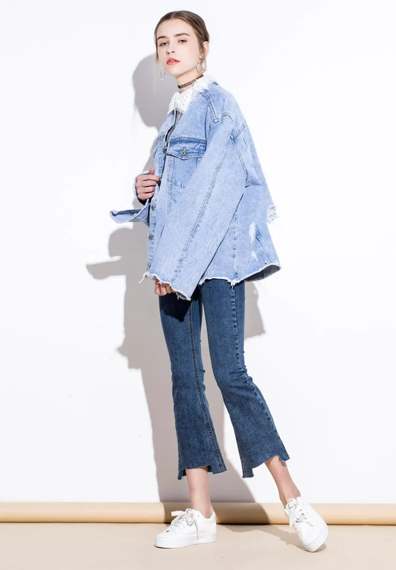 Ifq 2017 Для женщин бойфренда стиль отверстие Свободные джинсовая куртка | Женская