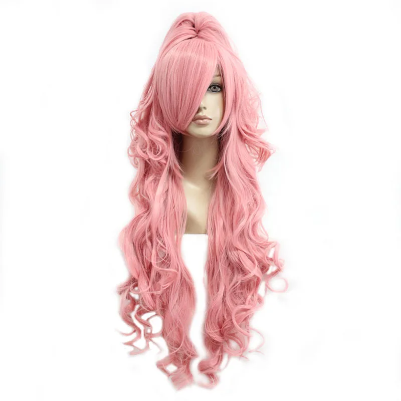 

MCOSER Free shipping Synthetic 90cm Long Curly Pink Cosplay Costume Wig+one ponytail 100% High Temperature Fiber 208A