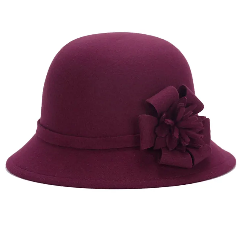 Новая мода Сезон осень зима женская шляпа федора Имитация шерсти с цветочным