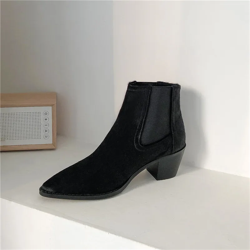 Black Velvet Lining Meotina/зимние ботинки «Челси»; женские ботильоны из конского волоса на не сужающемся книзу высоком массивном каблуке; разноцветные ботинки с острым носком; Женская Осенняя обувь; размеры 34-39 - Цвет: Black Velvet Lining