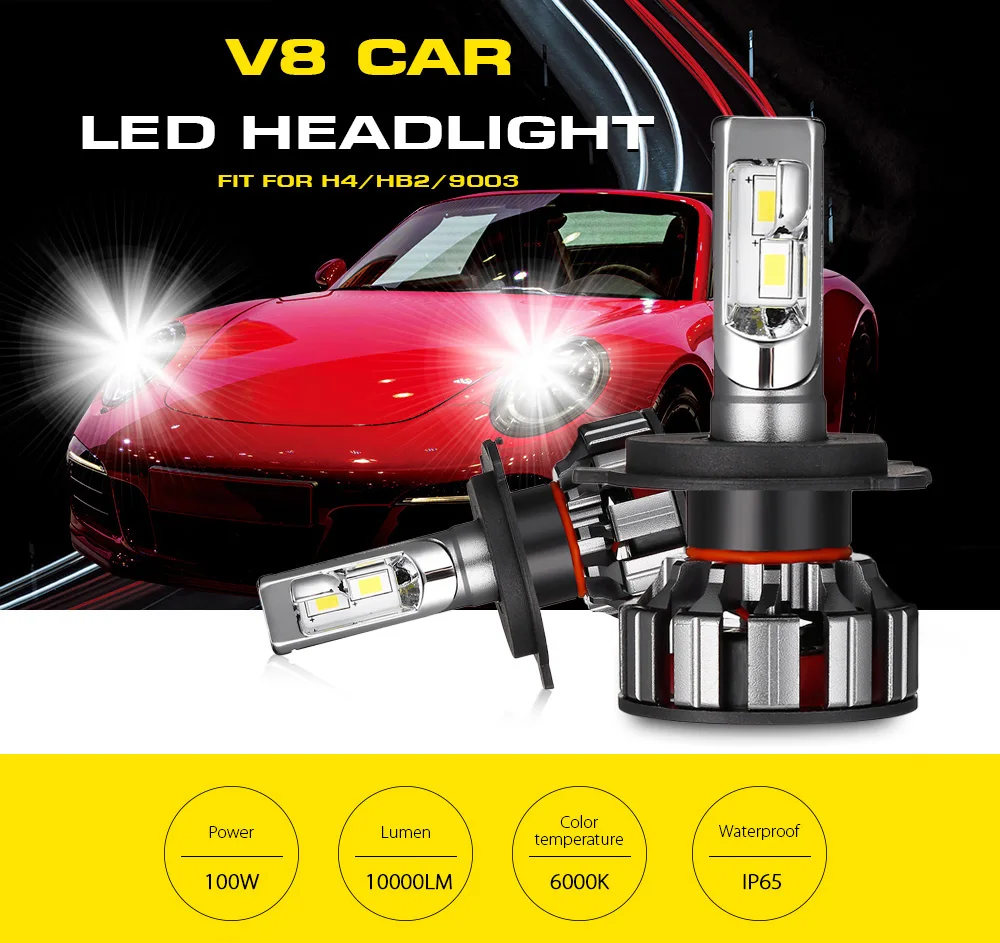 2 шт V8 H4 автомобиля светодиодный фар H7 светодиодный лампы H1 H8 H9 H11 9005 9006 100 W 10000lm 6000 K спереди лампа