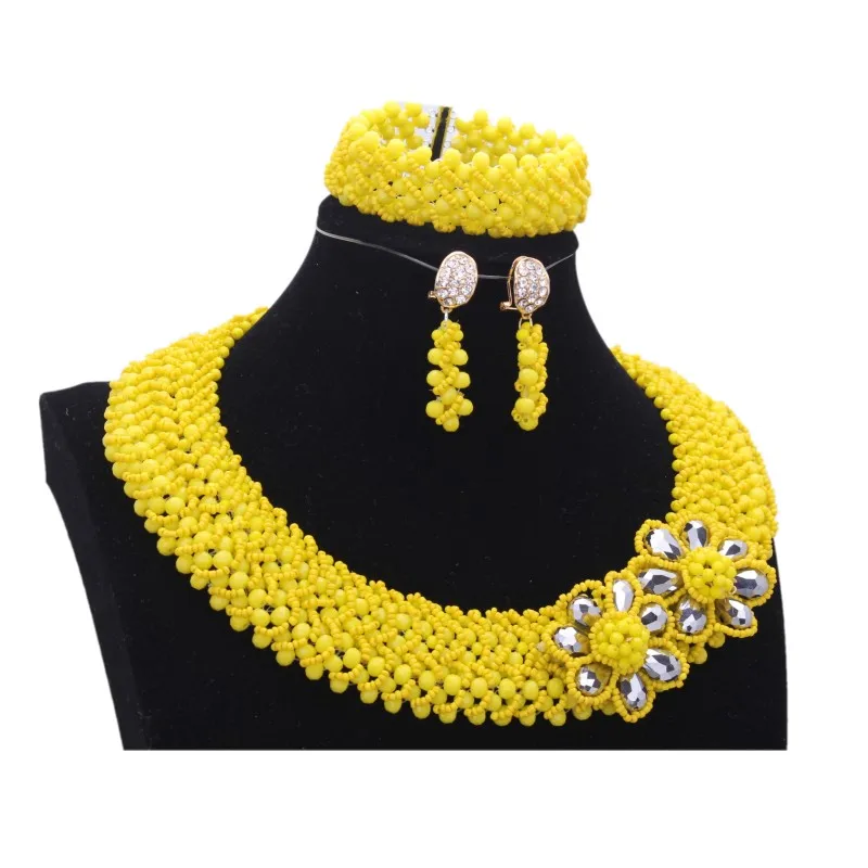 Yellow Necklace African Beads Jewelry Sets For Women Statement Flower Jewelry Nigerian Wedding Beads Bridal Necklace Flower 2018