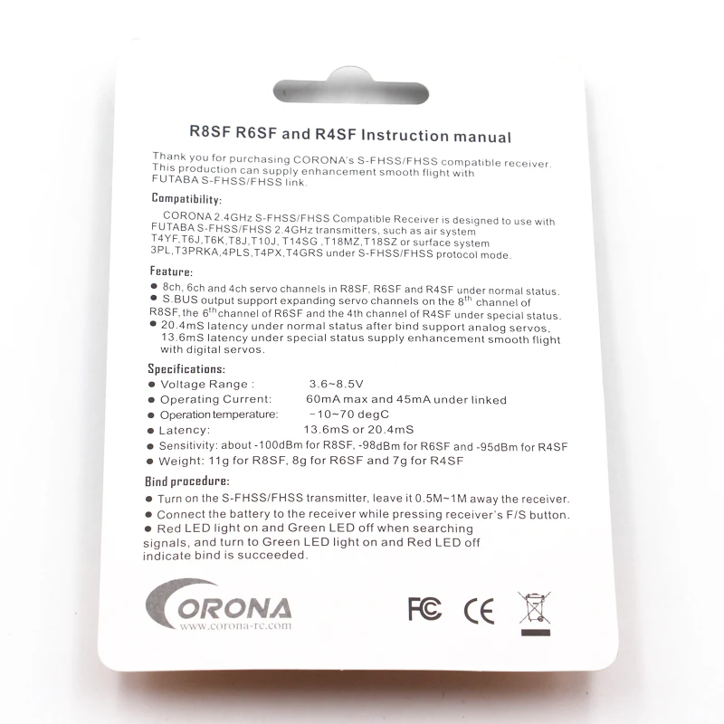 Corona 2,4G R8SF 8CH S-FHSS/FHSS совместимый приемник используется для FUTABA S-FHSS T6j T6K T8J T10J 14SG 16SZ 18MZ 4PLS пульт дистанционного управления