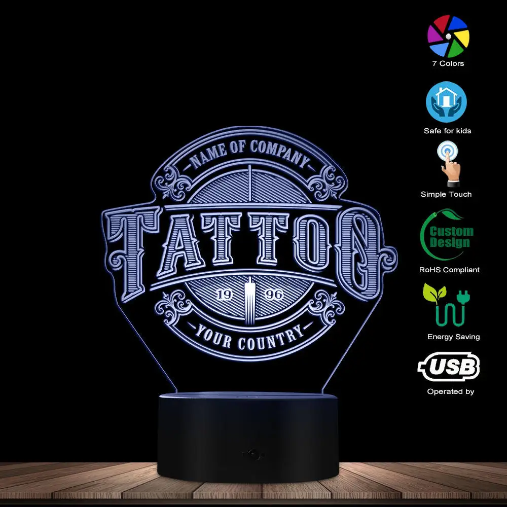 Персональная ваша страна Татуировка салон название 3D Оптическая иллюзия свет на