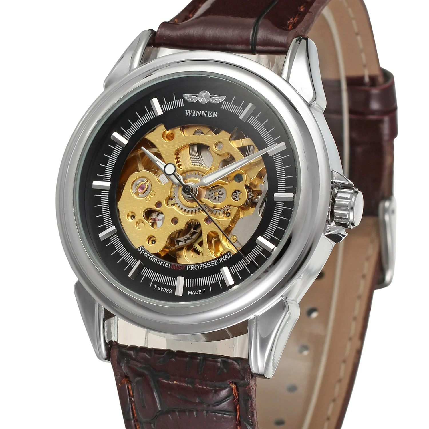 

Fashion Winner Top Men Luxury Brand Skeleton Brown Leather Gold Dial Casual Automatic Mechanical Wristwatches Relogio Releges