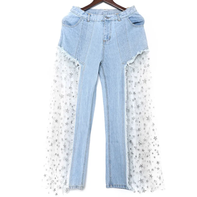 Europe and the United States perspective stars mesh stitching jeans 2019 spring summer new side open wide leg pants tide | Женская