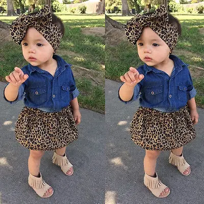 3PCS Set ! 2017 Spring Autumn Cute Baby Girls Clothes Toddler Kids Denim Tops+Leopard Culotte Skirt Children Girl Clothing | Детская