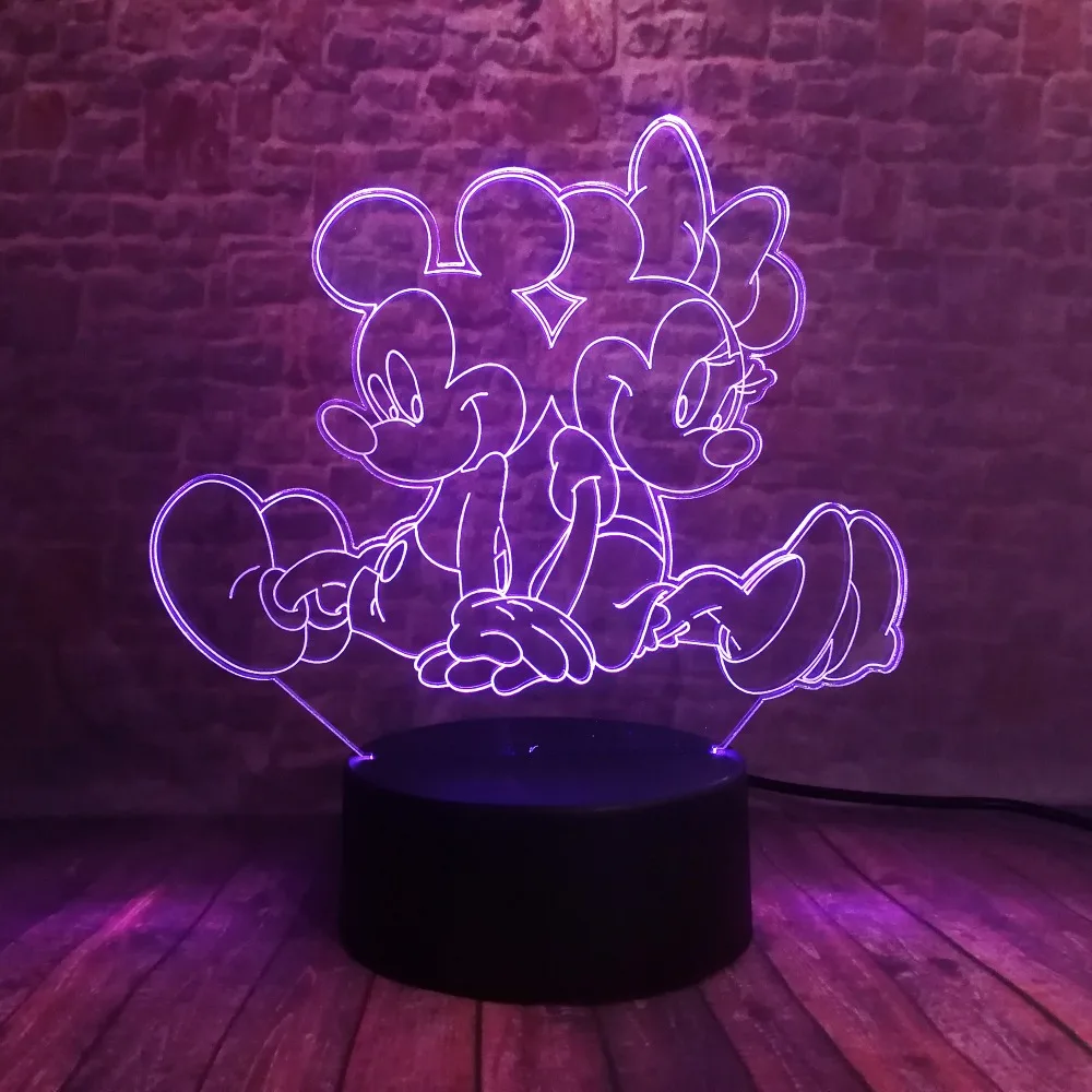 3D светодиодный ночник с Минни и Микки Маусом 7 цветов USB голографическая лампа