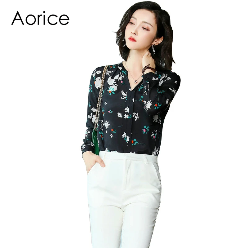 Aorice WP931 100% silk New women black printing V collar skirt front lady Age reduction floral print girl short dress |