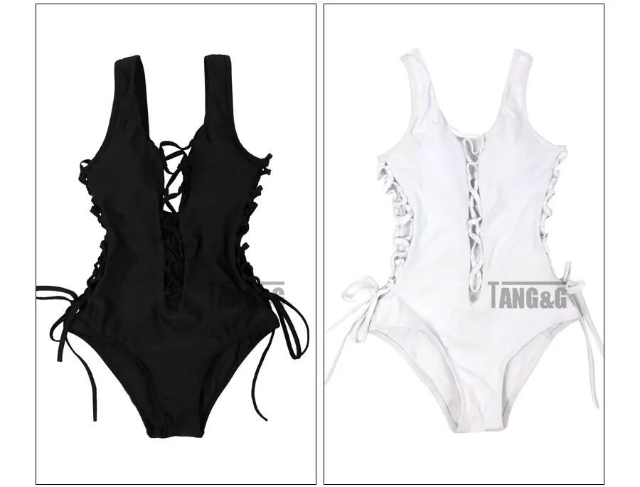 Новые Sexy One Piece Женщины Купальники Черный Белый глубокий v шеи спинки Веревка зашнуровать боди Купальник выдалбливают trajes де бано