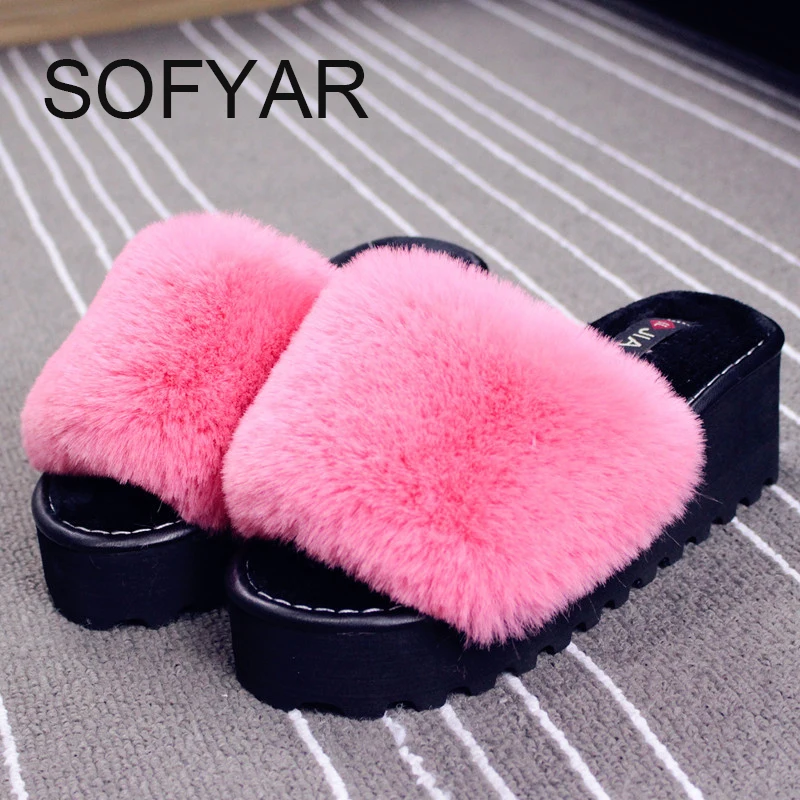 2017 меховые тапочки сезон весна Домашние шлепанцы на высоком каблуке обувь из