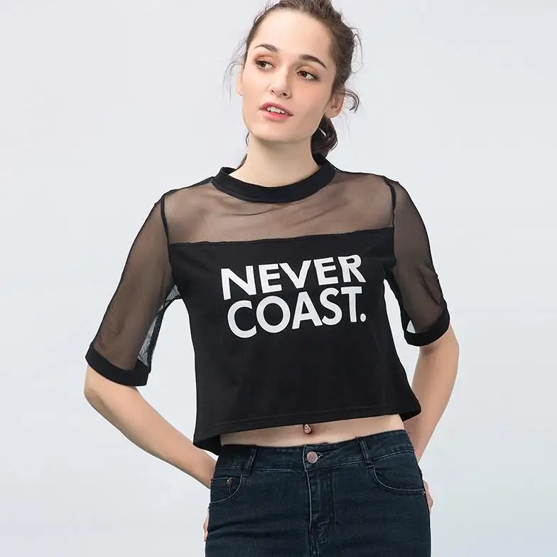 Merry Pretty/летние женские футболки с принтом «NEVER COAST»; Сетчатая футболка в стиле панк; винтажный топ с вырезами для девочек; топы для танцев