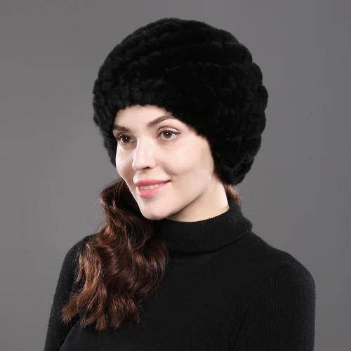 Хит настоящий кроличий мех, женская зимняя шапка, натуральный настоящий мех кролика, шапка для женщин, вязанный Натуральная шерсть, skullies beanies - Цвет: black