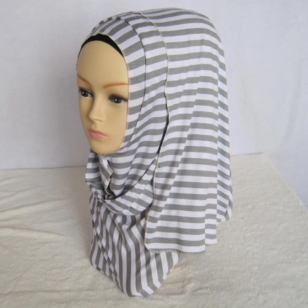 Хлопковый трикотаж полоса хиджаб печати шаль женщин strechy шарф мусульманские
