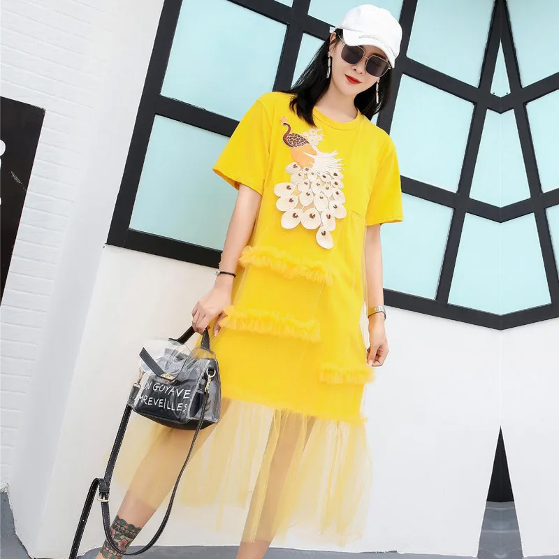 Vefadisa Black White Yellow Women Peacock Print T Shirt Dress Personality Lady Summer Short Sleeve ZQY151A | Женская одежда