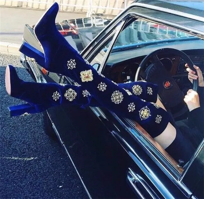 

New Arrival Luxury Embroidery Insect-embellished Women Over The Knee Boots Blue Velvet Sexy Chunky Heel Party Dress Boots Woman