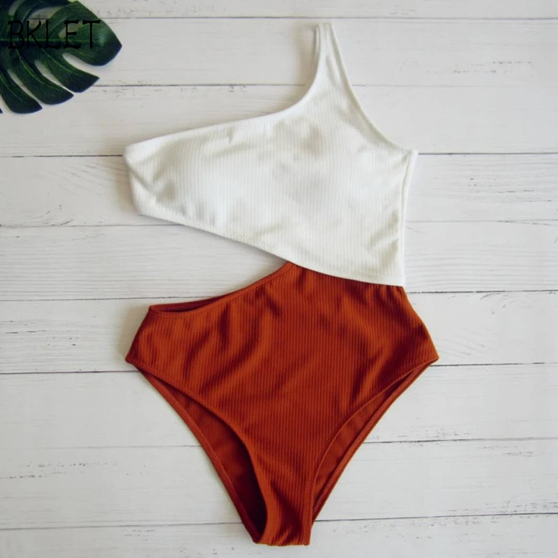 

2018 Sexy High Waist Swimwear Women One-piece Suits One Shoulder Color Patchwork Waist Hollow Out Summer Swimsuit Female